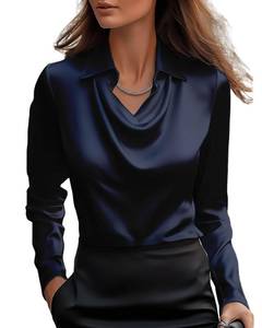 lot 12093 image: CORIRESHA Womens Elegant Cowl Neck Satin Blouse Long Sleeve Office Work Shirt Silk Top Navy Blue
