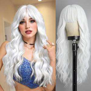 lot 12097 image: Lativ White Wig With Bangs Long Wavy Wig For Women White Color Wigs Synthetic Curly wig Natural Looking Heat Resistant Hair For Daily Party Cosplay Use 26 Inches
