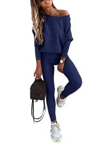 lot 12098 image: CHICME 2 Piece Lounge Outfit Long Sleeve Knit Pullover Tops Drawstring Pants Set Tracksuit Sweatsuit-bl-M