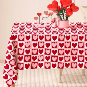 lot 12102 image: Valentines Day Rectangle Tablecloth Red Pink Hearts Plaids Fabric Table Cloth Washable Love Heart Table Cover for Wedding Anniversary, 60 x 84 Inch