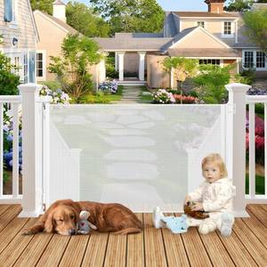 lot 13690 image: Weatherproof Outdoor Retractable Baby Gates for Decks, 55 Wide Waterproof Retractable Dog Gate with No Rust Screws and Rods, Scratch-Resistant Mesh Outdoor Baby GateFenceBarrierScreen, White