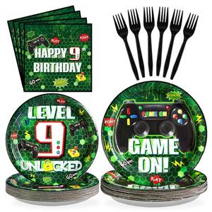 lot 13694 image: Grencian 96 Pcs 9th Birthday Video Game Party Supplies Green Video Game Paper Plates and Napkins Tableware Sets for Kids Boys 9th Video Game Birthday Gamer Gaming Party Decorations Serves 24