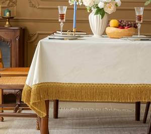lot 13702 image: F-CHU Luxury White Tablecloth Thickset Velvet Tablecloth with Beautiful Gold Tassels Vintage Table Cloth for Home Decor Wedding, Party, Banquet and Events 60x102-Inch