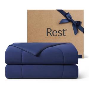 lot 13709 image: REST� Evercool� Cooling Comforter, FullQueen, Blanket for Hot Sleepers, All Season Bedding to Keep Cool for Night Sweats, Breathable Lightweight Blanket, 90x90 Inches, Midnight Blue