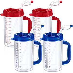 lot 13710 image: Kritkin 32 oz Hospital Water Cup with Straw and Lid Insulated Double Walled Water Cup with Handle and Straw Elderly Bottle Plastic Drinking Hospital Carafe Insulated Mug(Red and Blue,4)