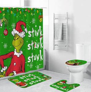 lot 13723 image: ONIBOGO 4 Pcs Christmas Bathroom Set, Christmas Shower Curtain with Non-Slip Rugs, Toilet Lid Cover and Non-Slip U Shape Bath Mat, Xmas Winter Holiday Bathroom Decor with Hooks 71 x 71 Inches (Green)