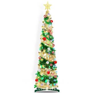 lot 13733 image: 5FT Pop Up Christmas Tree with Timer 60 Warm White & Multi Color Fairy Light 3D Star 15 Ball Ornament, Green Gold Tinsel Christmas Tree Slim Pencil Xmas Tree Home Office Holiday Decor Indoor Outdoor