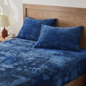 lot 13734 image: BEDELITE Velvet Fitted Sheet and Pillowcase Set, Luxury Soft Fuzzy Bottom Sheet with Reinforced Elastic Corner Straps, Deep Pocket up to 15 Inch, 1 Fitted Sheet and 1 Pillowcase (Twin XL, Navy Blue)