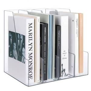 lot 13738 image: Vertical Magazine File Holder, Clear File Organizer Desk Organizer and Storage Bins Holding for Magazines, Binders, Notebooks, Envelopes, Plastic Office Organization and Storage for Desk, 4 pack