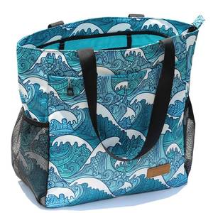 lot 14032 image: ESVAN Original Floral Tote Bag Large Shoulder Bag with Multi Pockets for Gym Travel Beach Daily Bags (A wave)