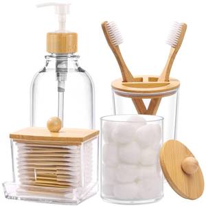 lot 14062 image: Bamboo Bathroom Accessories Set 4 Pcs - Clear Toothbrush Holder Plastic Soap Dispenser and 2 Qtip Holder Cotton SwabPadBall Container Jar