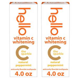 lot 14077 image: Hello Vitamin C Whitening Toothpaste with Fluoride, Whitening SLS Free Toothpaste Pack, Up to 2 Shades Whiter Teeth, No Peroxide, Safe for Everyday Use, Natural Peppermint, 2 Pack, 4.0 Oz Tubes