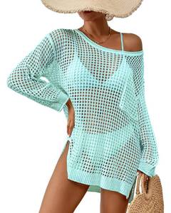 lot 14111 image: Bsubseach Crochet Cover Up for Swimwear Women Pool Swimsuit Coverup Long Sleeve Beach Knit Tops Cyan size medium