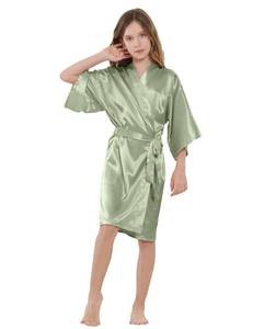 lot 14147 image: ALHAVONE Girls Kids Silky Satin Solid Color Short Kimono Robe for Wedding Birthday Party Spa (Sage green, 14)