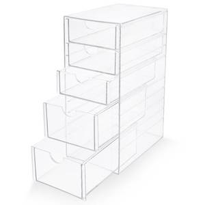lot 15320 image: Prsildan Acrylic Drawer Makeup Organizer with 5 Drawers, Hair Accessories Organizer, Office Desk Organization, Clear Stackable Storage Drawers for Vanity, Countertop, Craft, Jewelry