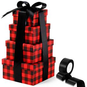 lot 15321 image: Clabby 4 pcs Christmas Nesting Boxes with Lids Square Xmas Stackable Gift Box, Assorted Sizes Decorative Nesting Boxes with Ribbon for Holiday Wedding Birthdays Present(Red and Black,Checkered)