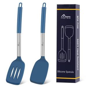 lot 15324 image: HOTEC Silicone Spatula Set of 2 Heat-Resistant 600°F & BPA-Free Kitchen SaptulaTurner with Stainless Steel Handles, Slotted & Solid Spatulas for Nonstick Cookware, 13.7 Inch, Classic Blue