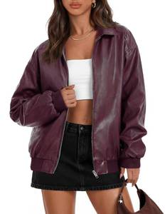 lot 16431 image: MEROKEETY Womens Oversized Faux Leather Jacket Fall Winter Zip Up Motorcycle Coats Fashion Outfits Clothes 2025, Burgundy, Small