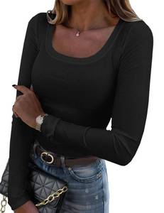 lot 16439 image: Zeagoo Square Neck Long Sleeve Top 2025 Fall Fashion Basic Tee Shirts Sexy Winter Blouse Clothes Black M