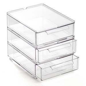 lot 16443 image: BINO  Clear Stackable Storage Drawers, Small - 3 Pack  Clear Storage Drawers with Built-In Handles  Durable Plastic Organizer Drawer  Modular Stackable Drawer Acrylic Organizer
