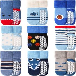 lot 16445 image: ANTSANG Baby Toddler Socks With Grippers Girls Boy Kids Unisex Winter Warm Thick Cotton Ankle Crew Non-SlipAnti-Skid Socks 9 Pairs(Shark,1-3T)