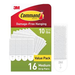 lot 16455 image: Command 10 lb Medium Picture Hanging Strips 16 Pairs (32 Command Strips), Damage-Free Picture Hangers, No Tools Wall Hanging for Home Decor, White Adhesive