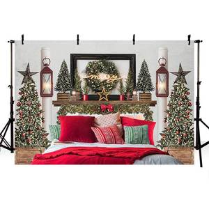 lot 16472 image: MEHOFOND 8x6ft Red Christmas Headboard Bed Backdrop Kids Portrait Photography Winter Holiday Family Picture Photoshoot Merry Xmas Tree Photo Background Party Decor Banner