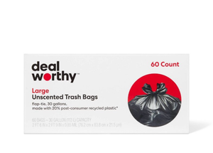 lot 10034 image: DealWorthy Large Flap-Tie Trash Bags 60ct - Retail $6