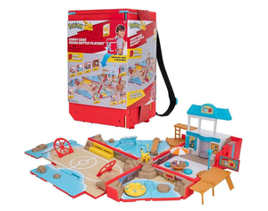 lot 10128 image: Jazwares Pokemon Carry Case Beach Battle Playset - Portable Transforming Backpack Playset with Action Features and 2-inch Pikachu Battle Figure - Retail $35