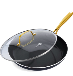 lot 10146 image: GreenPan Swift Cookware 12 Frying Pan Skillet with Glass Lid, Healthy Ceramic Nonstick Coating, Heavy-Gauge Aluminum, Gold-Tone Stainless Steel Handle, PFAS-Free, Dishwasher & Oven Safe, Black - Retail $65