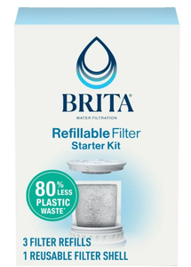 lot 10160 image: Brita Refillable Water Filtration Starter Kit with 1 Reusable Filter Shell and 3 Filter Refills - Retail $16