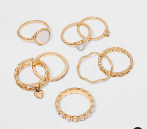 lot 14818 image: Hearts and Pearls Ring Set 8pc - Wild Fable Gold - Retail $12