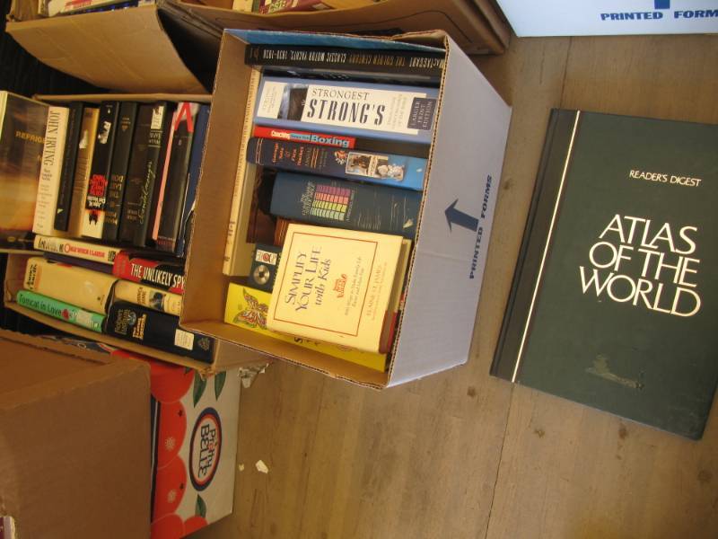 lot 295 image: 2 boxes of hardback books including Atlas Of The World