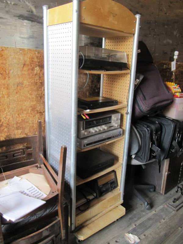 lot 314 image: Shelf only  shelf is approx. 6 x 2.5 on rotating base shelf has peg board metal sides
