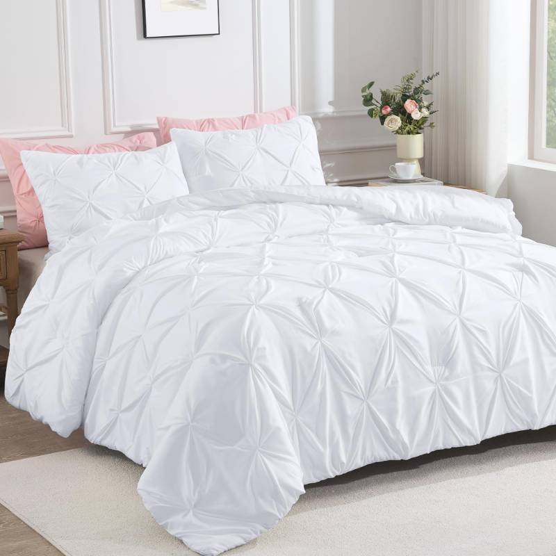 lot 5137 image: Andency White Queen Comforter Set(90x90Inch), 3 Pieces Cute Pinch Pleat Bedding Comforters & Sets for Queen Bed, Soft Lightweight Fluffy Down Alternative All Season Bed Set