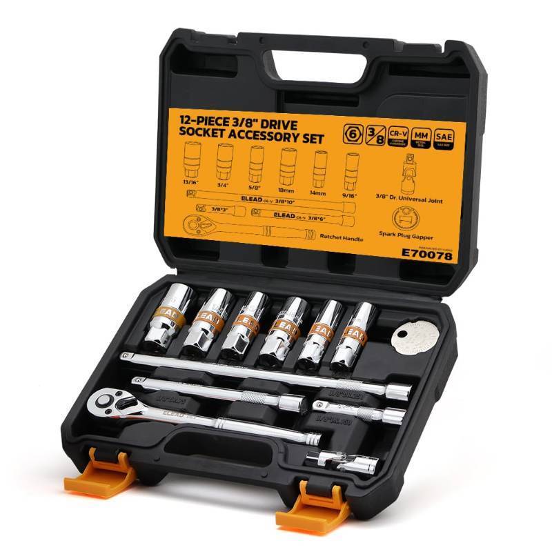 lot 5199 image: 12-Piece 38 Drive Spark Plug Socket Set with Ratchet Handle, Universal Joint, Spark Plug Gapper & Extension Bar, 916, 58, 34, 1316, 14mm, 18mm, CR-V Sockets with Rubber Holding Rings