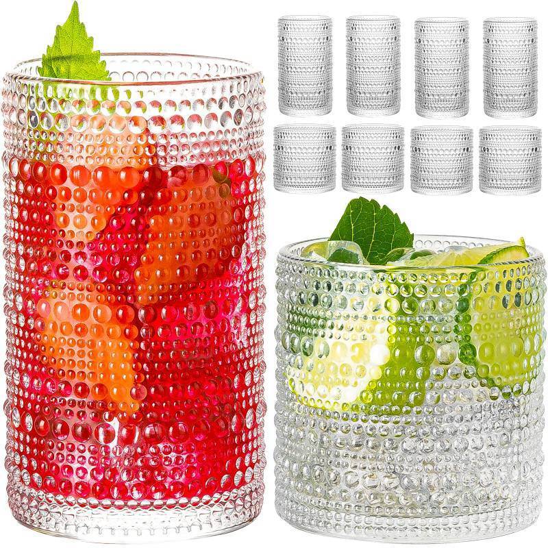 lot 5954 image: wookgreat Hobnail Drinking Glasses, 8 pcs Embossed Designed Glass Cups-4 Highball Glasses 12oz & 4 Rocks Glasses 12oz, Mojito Cups, Mixed Drink Cocktail Glass, Bar Glassware for Cocktail, Whiskey