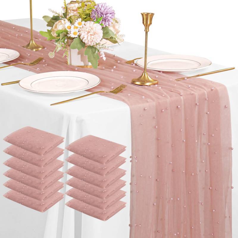 lot 6657 image: 12 Pack 10FT Pearl Table Runner 30x120 Inch Dusty Pink Tulle Fabric Boho Rustic Sheer Table Runners Lace Table Cloth for Wedding Bridal Shower Birthday Party Arch Veil Dessert Table Decor (Dusty Pink)