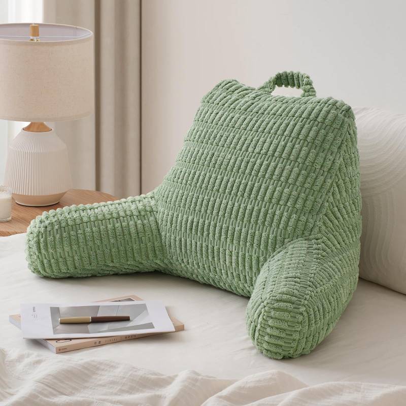 lot 6661 image: Blissful Diary Reading Pillow, Backrest Pillow with Shredded Memory Foam for Adult & Children, Designed for Bed and Couch Sitting Up, Includes Arms, Pockets and Washable Cover, Sage Green