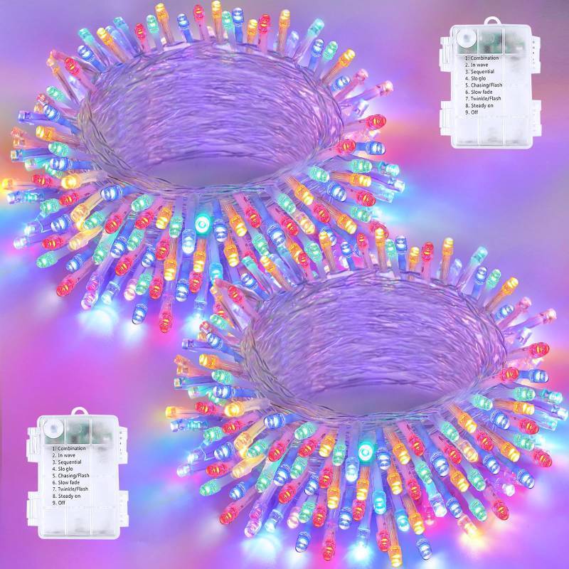 lot 6677 image: 2 Pack Christmas String Lights Battery Operated with Timer, 66FT 200 LED Waterproof Twinkle Lights, 8 Modes Fairy Light for Indoor and Outdoor Bedroom Garland Tree Christmas Decorations (Multicolor)