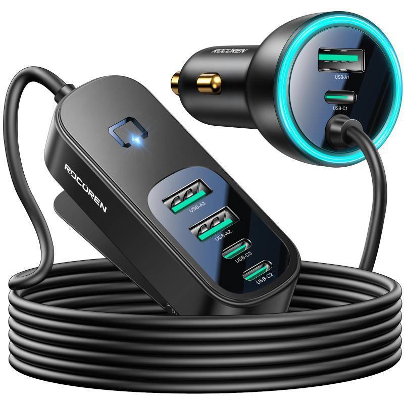lot 9866 image: Rocoren 105W 6-Port Multiport Car Charger, PD Fast USB C Car Charger for Multiple Devices,Cigarette Lighter Adapter Car Travel Essentials for Road Trips with 5FT Cable,Car Accessories for iPhone 1716