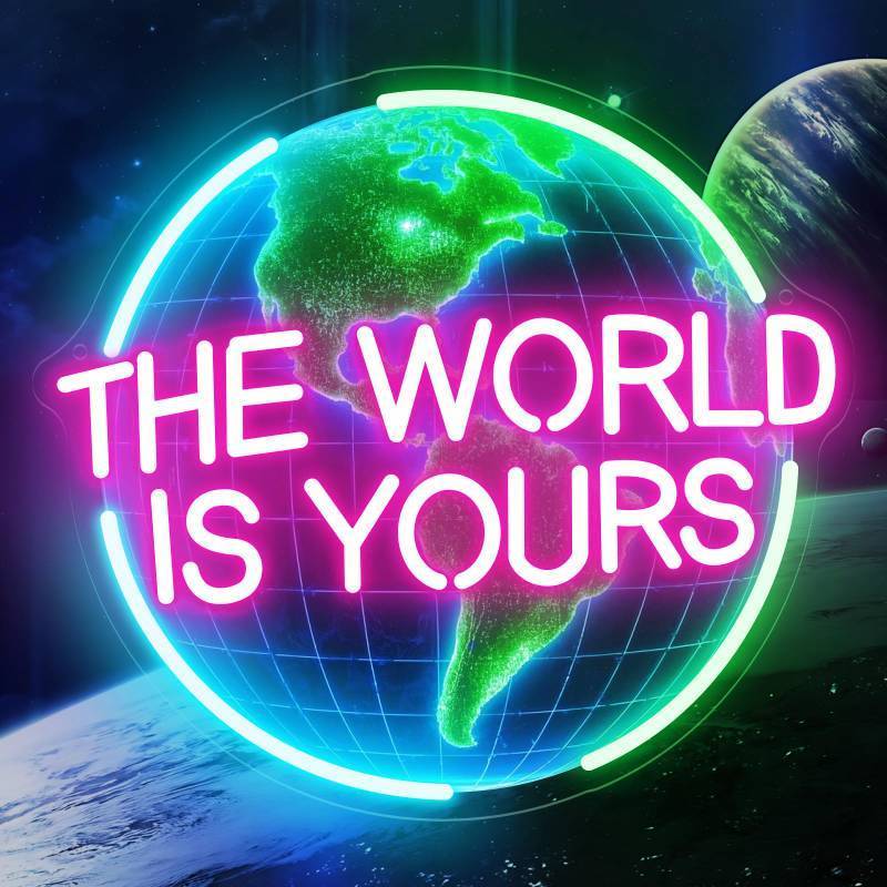 lot 1220 image: The World Is Yours Neon Sign for Wall Decor, Earth Neon Light with Dimmer, for Man Cave Boy Room Decor, Gift for Man Boyfriend, Decoration USB Powered with Switch