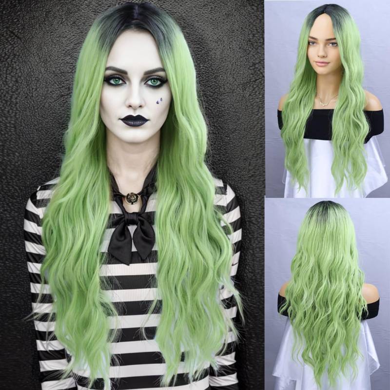 lot 1950 image: BERON Green Wig with Dark Roots Long Curly Wig Ombre Green Wigs for Women Costume Halloween Party Synthetic Wigs