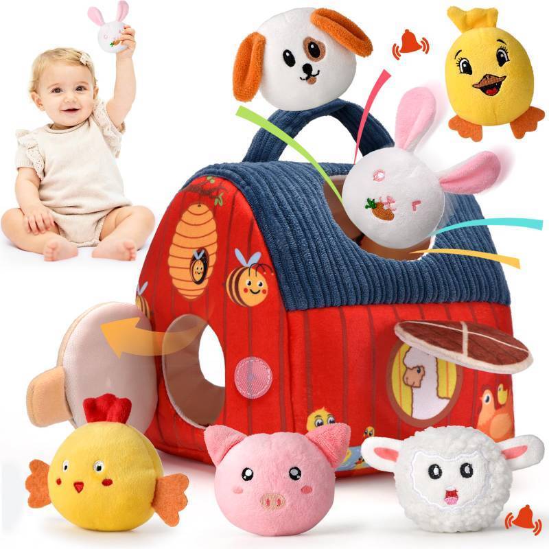 lot 2455 image: Alsatic Baby Toys for 1 Year Old, Surprise Barn Stuffed Farm Animals, Crinkle, Rattle, Mirror, Montessori Toys for One Year Old Boy Girl Birthday Gift, Christmas Baby Stocking Stuffers for 1-3 Toddler