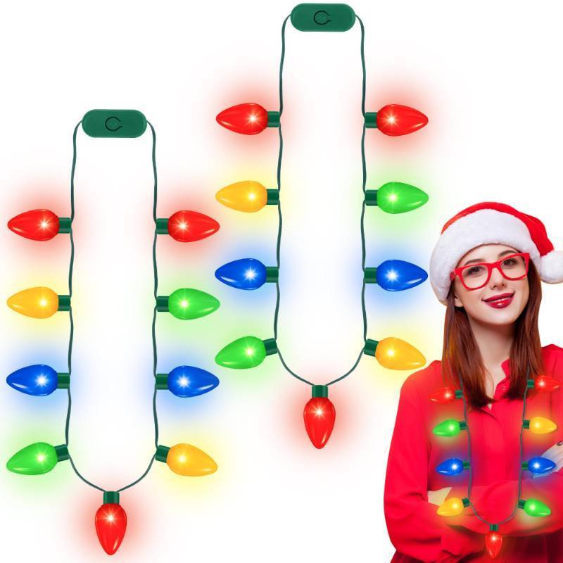 lot 2600 image: QZYL 2 Pack Christmas Light Necklace, Colorful Christmas Accessories, 9 LED Bulbs Light Up Necklace with 3 Flash Modes, Ugly Sweater Lights for Xmas New Year Party Favor Supplies Accessories