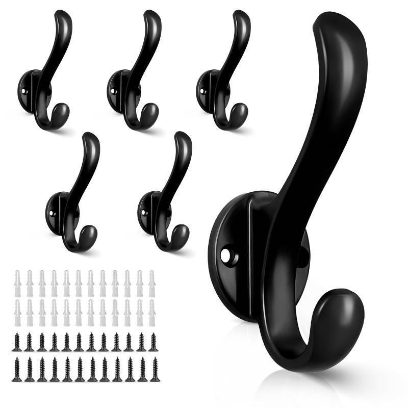 lot 2606 image: PEOIAOY 6 Pack Coat Hooks Wall Mount Heavy Duty Utility Retro Double Hooks for Hanging Coats,Hat, Towel, Key, Robe, Scarf, Bag, Cap (Black)