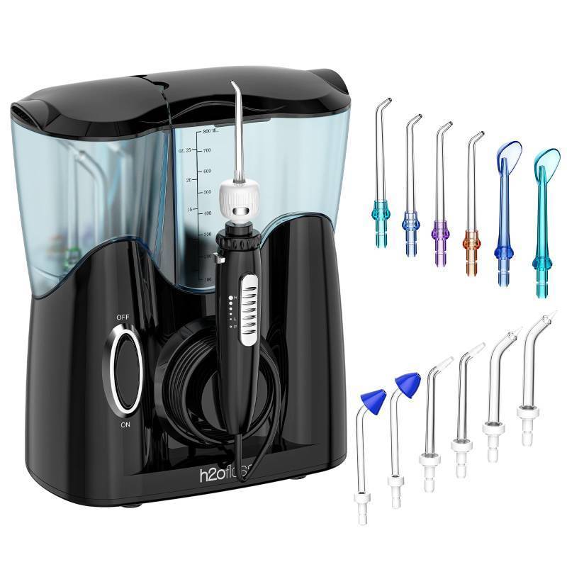 lot 2687 image: H2ofloss Water Flosser for Teeth, Braces, Professional Water Teeth Cleaner with 800ML Water Tank and 5 Settings, 13 Multifunctional Nozzles and Hygienic Nozzles Storage Compartment for Family (Black)