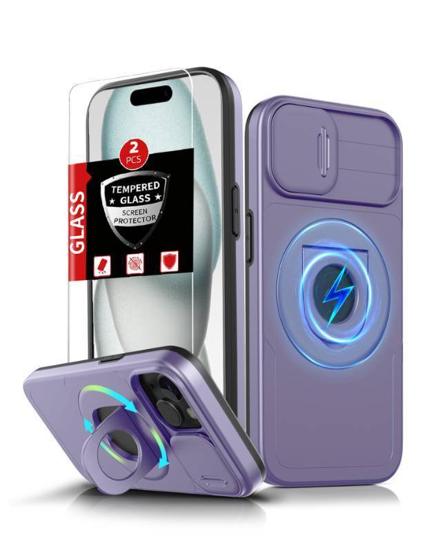 lot 2732 image: FRLMOOES for iPhone 15 Case Magnetic Compatible with MagSafe Wireless Charging,with 2 Screen Protector,Built-in Kickstand Ring,with Camera Cover Shock-Absorbent Shockproof Heavy Duty Protection Purple