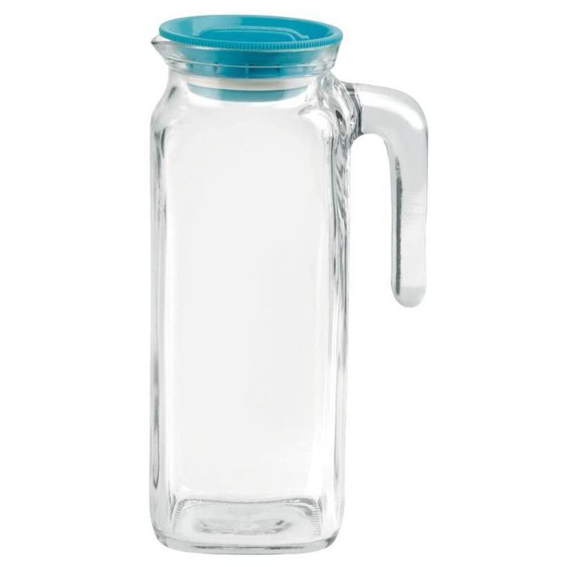 lot 2964 image: Bormioli Rocco Glass Frigoverre Jug With Teal Airtight Lid, 1 Liter, Pitcher With Hermetic Sealing, Easy Pour Spout Handle For Water, Juice, Iced Coffee & Iced Tea.