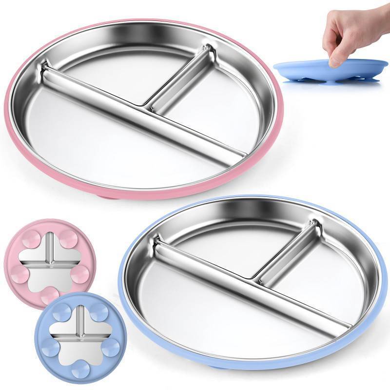 lot 1877 image: OVV Stainless Steel Kids Plates (2 Pack) 8 Inch Toddler Divided Plates with Removable Silicone Sleeves &amp 5 Suction Cups Baby Self Feeding  Mess-Free Mealtime  Dishwasher Safe